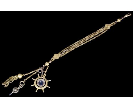A Victorian gentleman's gold coloured metal Albert with twin loop pattern chain with two lozenge shaped sliders and hung with
