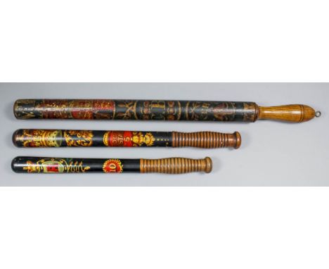 An early Victorian turned wood and painted ceremonial truncheon thought to be from Chatham Barracks, Chatham, Kent, the trunc