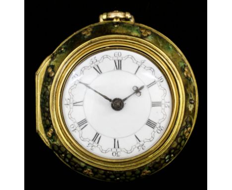 A good mid-18th Century gold coloured metal repousse, gilt metal, and shagreen covered triple cased verge pocket watch by Joh