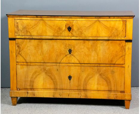A 19th Century Continental walnut and ebonised commode in the "Biedermeier" style, with plain top, fitted three long graduate