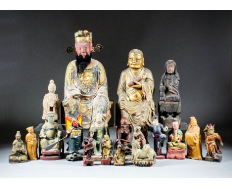 A large Chinese carved polychrome and giltwood seated figure of Wenchang Wang - God of literature and Culture - A bearded Imm