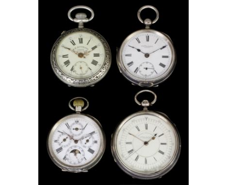 A 19th Century Continental silvery metal cased keyless pocket watch with calendar work, the white enamel dial with four subsi