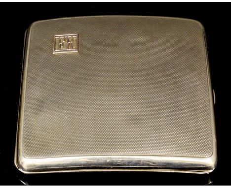 An Edward VII Asprey's 9ct gold rectangular cigarette case with engine turned decoration and with secret compartment containi