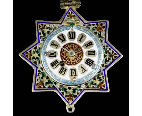 An unusual early 19th Century silver, champleve enamel and crystal eight pointed star pattern pocket watch of early 17th Cent