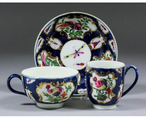 An 18th Century Worcester matched porcelain trio of teacup, coffee cup and saucer, painted with exotic birds and butterflies,