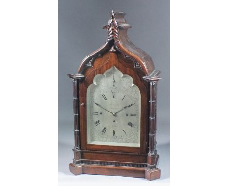 An early Victorian rosewood cased mantel clock by Kleyser & Co., 66 High Street, Boro', London with silvered Gothic pattern d