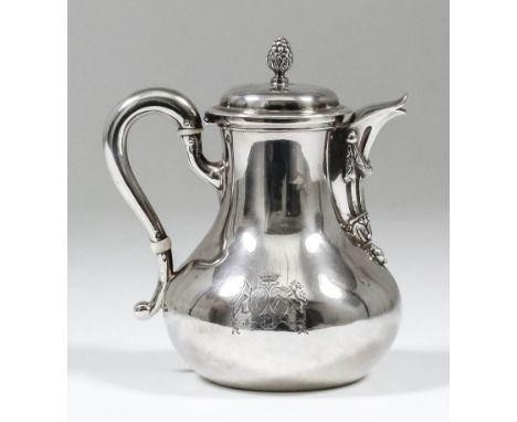 A 19th Century French silver individual coffee jug with plain bulbous body, the slightly domed cover with leaf and fruit fini