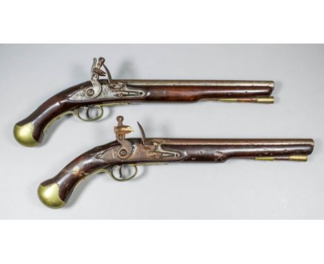 Two late 18th Century .577 calibre Tower flintlock pistols, one with 12ins plain steel barrel bearing London proof marks and 