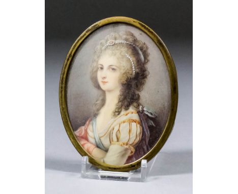 Late 19th Century Continental school - Miniature half-length portrait of a young woman in 18th Century dress, her hair dresse