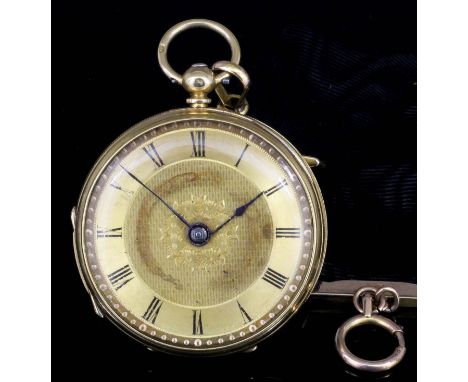 A late Victorian lady's 18ct gold cased open faced pocket watch by Triggs of Guilford, No. 18363, the gilt dial with engraved