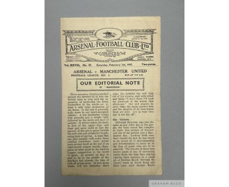 Arsenal v. Manchester United home league match programme, 1st February 1947 signs of folds