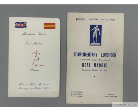 Two Manchester United v Real Madrid menus, the first on the occasion of the friendly match at Old Trafford 1st October 1959, 