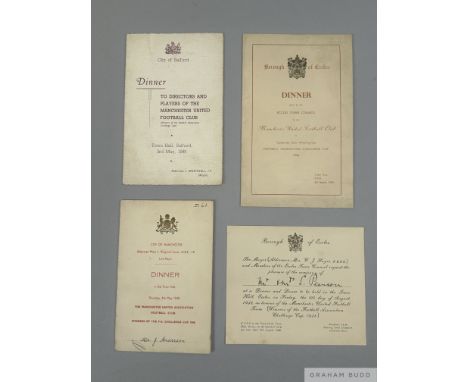 A trio of Manchester United 1948 F.A. Cup winners civic reception menus, the first hosted by the Mayor of the City of Salford