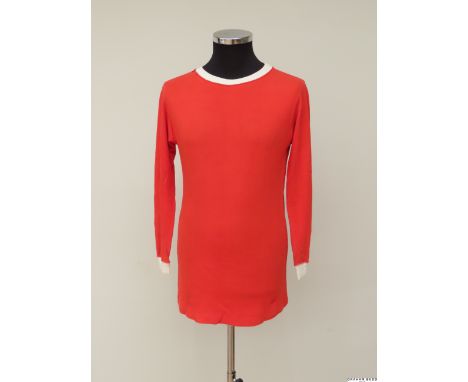 George Best red and white No.11 Manchester United long-sleeved shirt, circa 1970-71, Umbro, Aztec Jersey with crew-neck colla