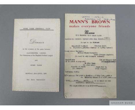Two 1950s Manchester United dinner menus, the first on the occasion of the Exhibition Match at Home Farm (Dublin) FC, 23rd Ap