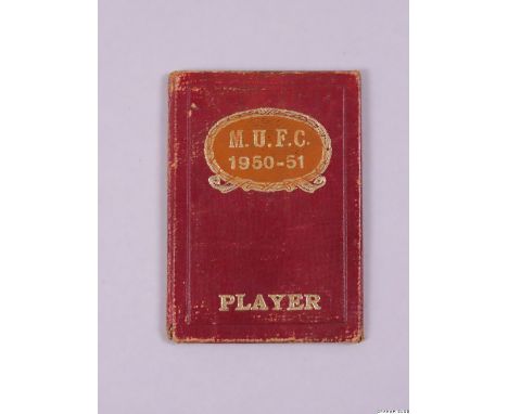 A Manchester United player's ticket issued to Tommy Ritchie in season 1950-51, red cloth booklet stamped gilt, printed with t