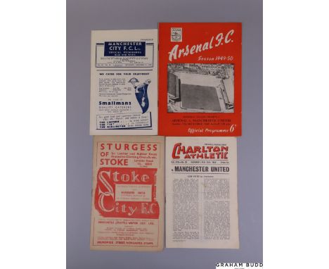 Four Manchester United away match programmes 1949-50 comprising Arsenal, 27th December 1949; Manchester City, 31st December 1
