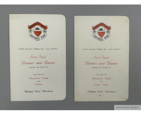 Two Manchester United F.A. Cup semi-final dinner and dance menus, v Leeds United 1965 F.A. Cup semi-final Dinner and Dance me