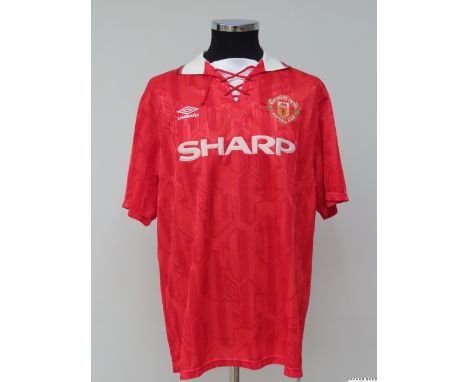 Mark Hughes red and white No.10 Manchester United match worn short-sleeved shirt, 1992-94, Umbro, XL with lace-up collar and 