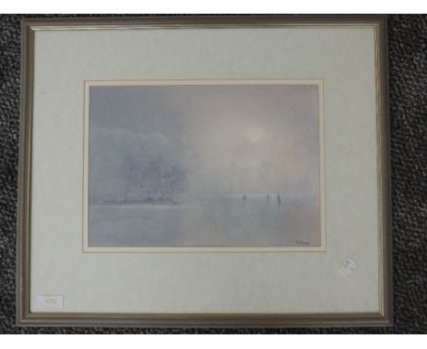 A watercolour, R Stacey, Testing the Ice Tarn Hows, signed and attributed verso, 22 x 31cm, plus frame and glazed