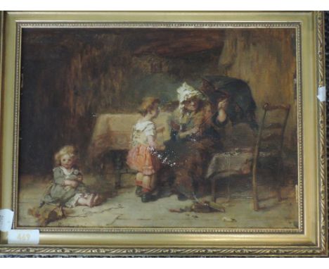 An oil painting, R Burn, cottage interior, C19th, signed, 23 x 32cm, plus frame