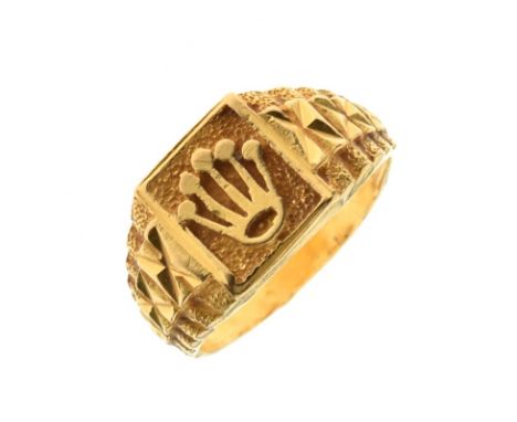 Yellow metal signet-style dress ring with central crown emblem in the manner of Rolex, shank stamped 916, size T, 7.3g approx