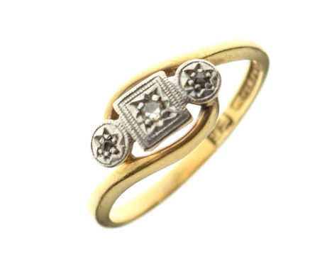 Yellow metal and platinum dress ring, illusion-set three small diamonds, shank stamped 18ct &amp; PLAT, size K, 2g gross appr