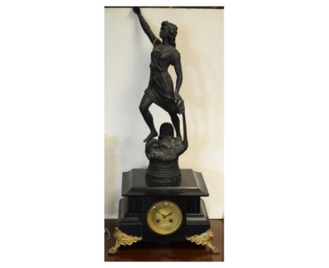 Late 19th Century French black slate, gilt brass and spelter figural mantel clock, the gilt Arabic dial with two-train moveme
