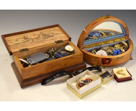 Two wooden boxes containing a selection of costume jewellery, lighters, wristwatches, thimble etc  