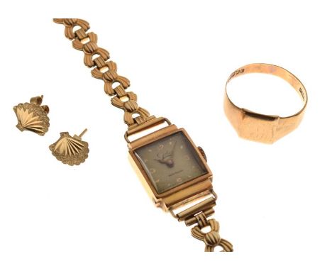 Assorted gold and yellow metal jewellery comprising lady's yellow metal cocktail watch stamped 18K 750, together with a 9ct g