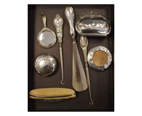 Collection of silver items to include; silver handled button hooks, shoe horns, dressing mirrors, etc  
