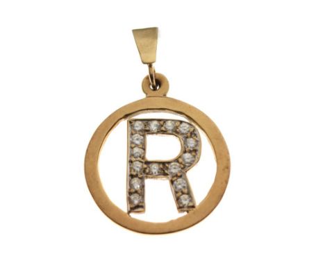 Yellow metal circular pendant set fifteen diamonds forming initial R, 2.5g gross approx  