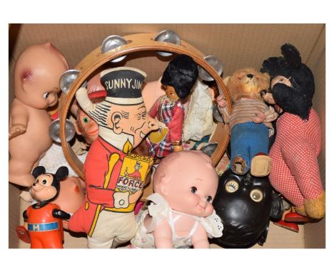 Mixed group of vintage children's dolls and toys comprising: plastic babies, clockwork monkey, wooden dolls, a tambourine, et