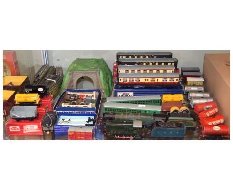 Collection of vintage Hornby Dublo and Hornby 00 gauge railway train set accessories to include; Esso and Mobil rolling stock