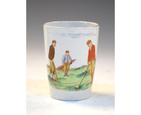 Carlton Ware tapered transfer printed beaker depicting two golfers and caddy, blue back stamp, 8.5cm high  