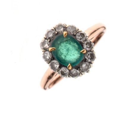 Unmarked yellow metal, emerald and diamond cluster ring, size L, 3.1g gross approx  