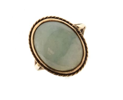 9ct gold dress ring set large celadon green oval hardstone cabochon, size L, 4.3g gross approx  