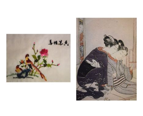 Set of six Japanese prints after Harunobu, together with a set of four Oriental silk pictures depicting birds (10)  