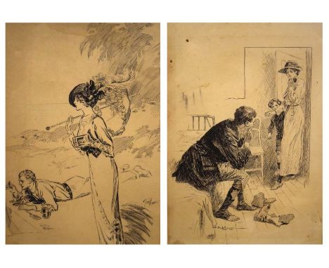 Thomas Hutchison Peddie - Pen and Ink sketch - Couple on a beach, signed Tom Peddie, 32cm x 22cm, and A.J.Gough - Pen and Ink
