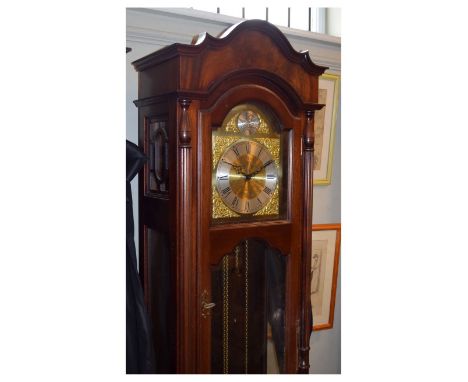 Late 20th Century James Stewart, Armagh brass dial mahogany longcase clock having glazed door and side panels, chime/silent f