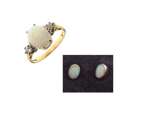 18ct gold, opal and diamond dress ring, size N½, together with a pair of opal-set 9ct gold dress studs, 5.4g gross approx (2)