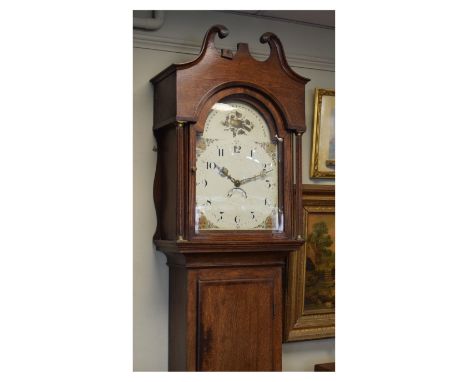 Early 19th Century inlaid oak-cased 30 hour painted dial longcase clock, anonymous, with 12-inch break-arched Arabic dial hav