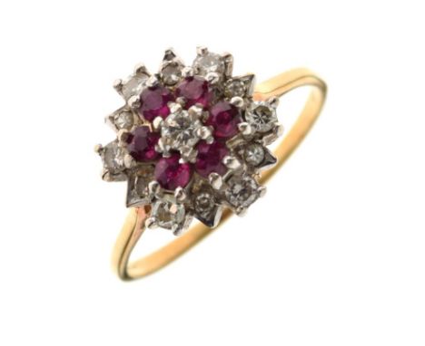 18ct gold, ruby and diamond cluster ring, size U, 5g gross approx  