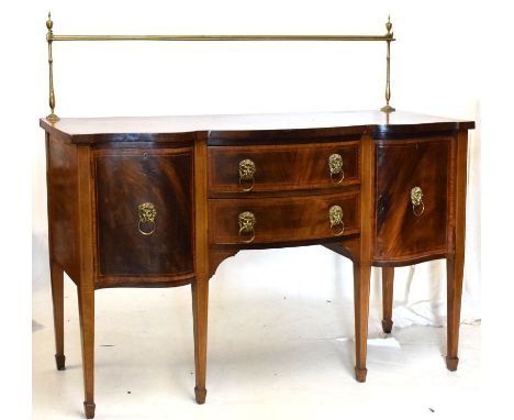 Early 20th Century inlaid mahogany sideboard in the Georgian taste, with brass tubular rail over ebony and boxwood strung arc