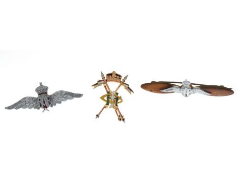 Two unmarked RAF brooches, one with propeller backing, together with an unmarked yellow metal and enamel brooch with monogram