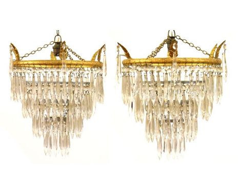 Pair of 20th Century four tier basket lustre drop ceiling light fittings, approx 30cm high  