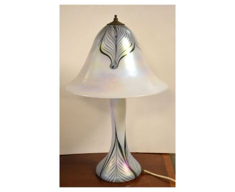 Opalescent glass mushroom table lamp in the manner of John Ditchfield (Glasform), with iridescent festoons to shade and stem,