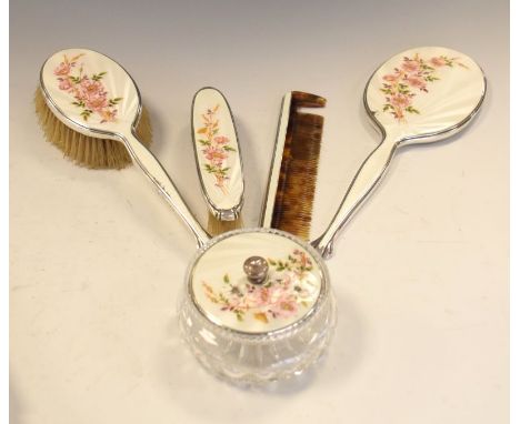 George VI silver and enamel backed dressing set comprising mirror, brushes, combs and enamel and silver topped glass jar, Bir