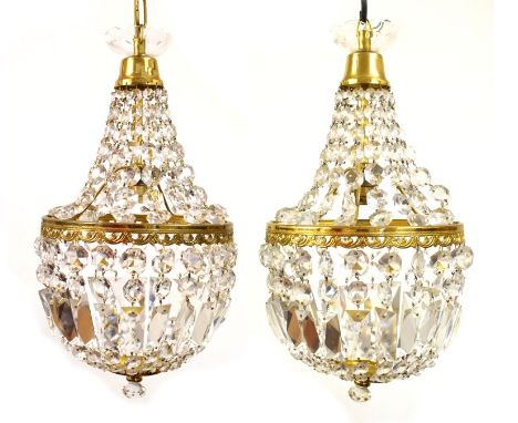 Pair of 20th Century lustre basket drop ceiling light fittings, overall height of ornamental element approx 49cm high  