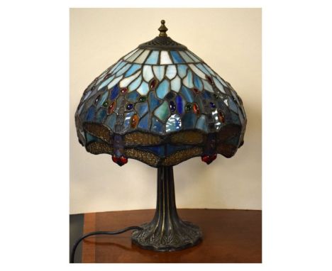 Reproduction Tiffany-style coloured and leaded glass table lamp, 41cm high  